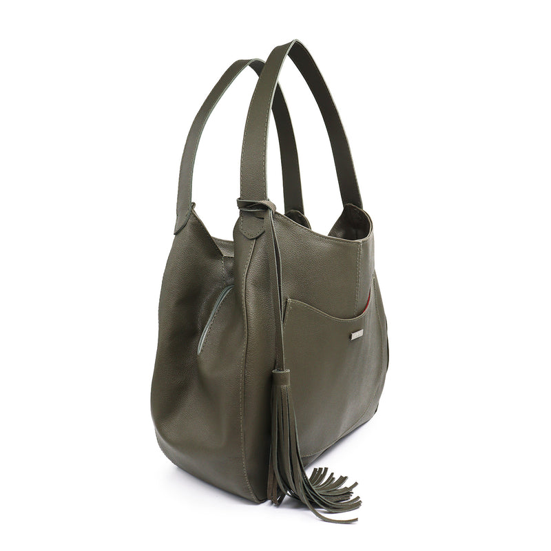Bolsa shopping feminina de couro verde militar Rebeca