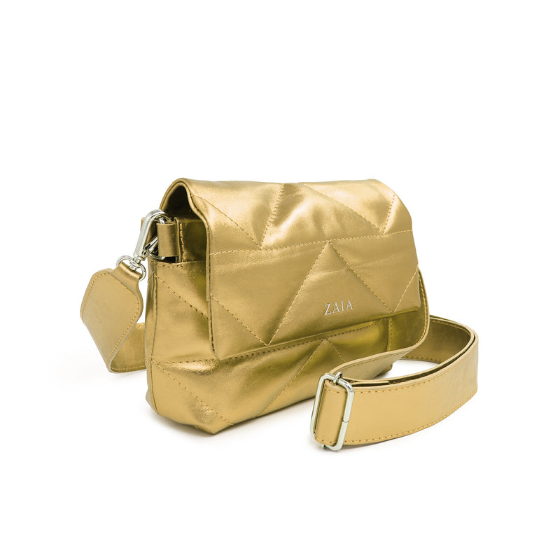 Bolsa feminina de couro transversal e matelassê dourada Elisa