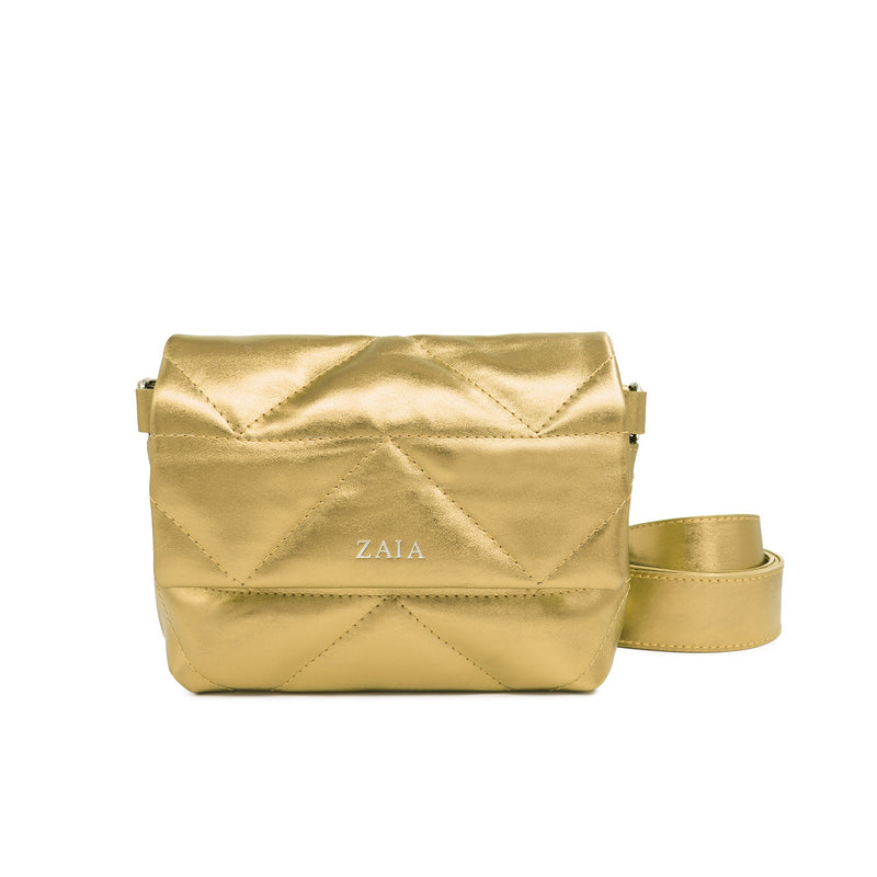 Bolsa feminina de couro transversal e matelassê dourada Elisa