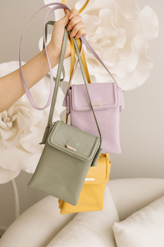 Bolsa tiracolo/transversal feminina de couro lavanda Melissa