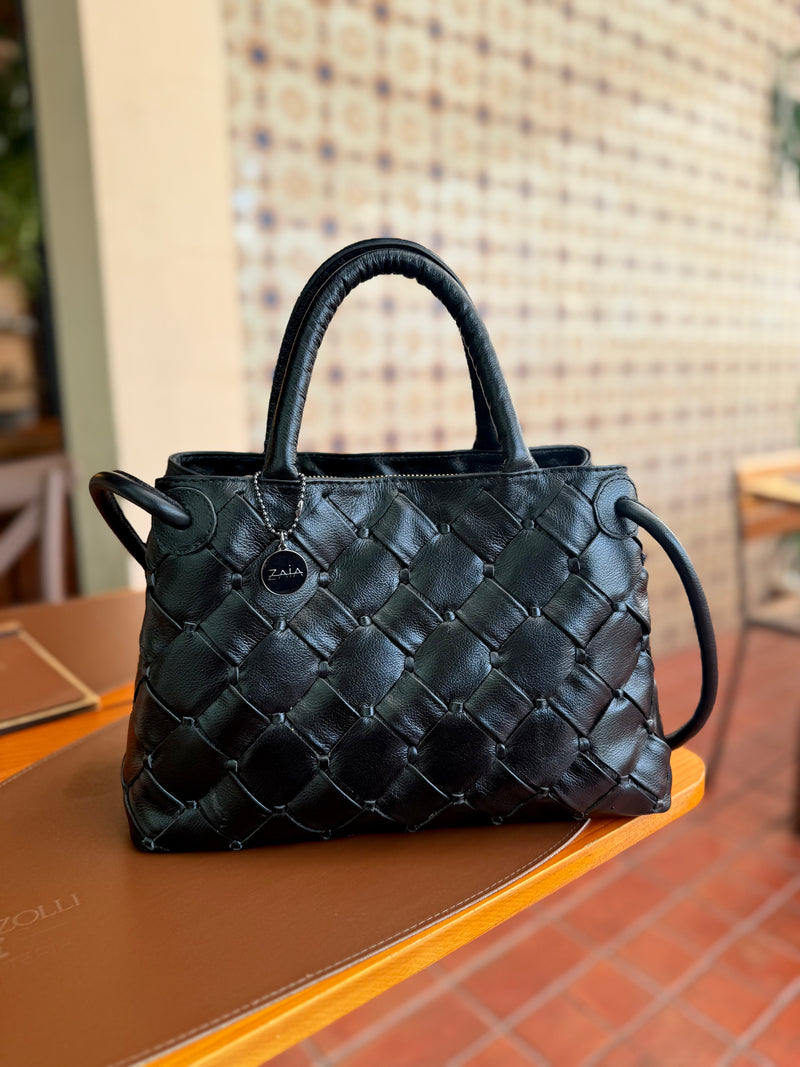 Bolsa feminina de couro tressê preto Lisboa