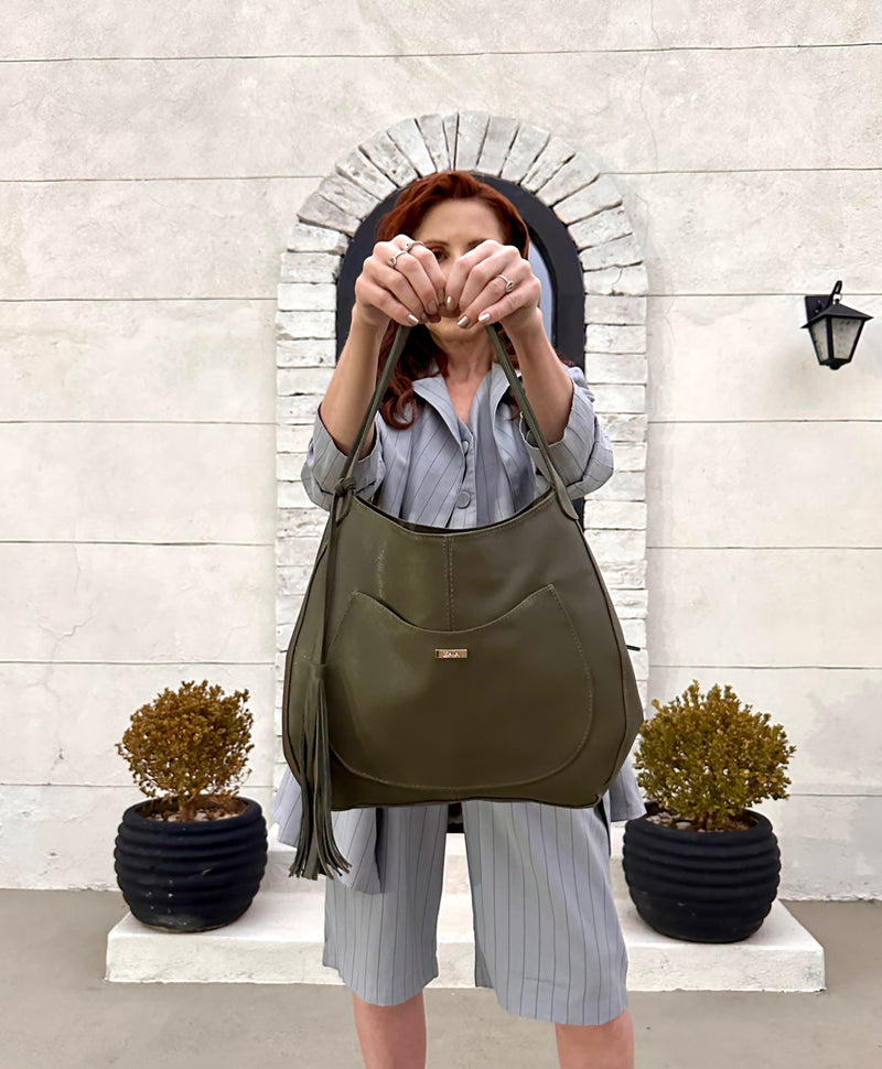 Bolsa shopping feminina de couro verde militar Rebeca