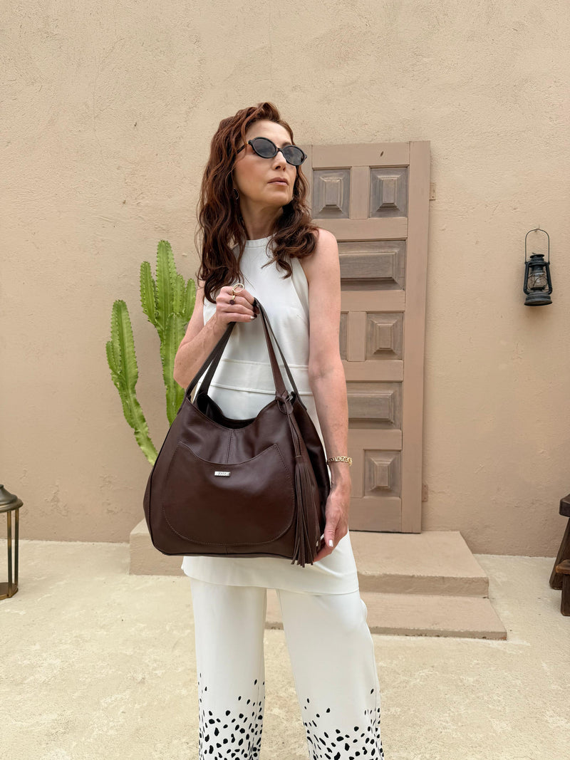 Bolsa shopping feminina de couro castanho Rebeca