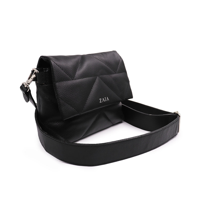 Bolsa feminina de couro transversal e matelassê preta Elisa