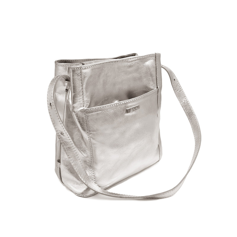 Bolsa feminina média de ombro em couro metalizado prata Ester