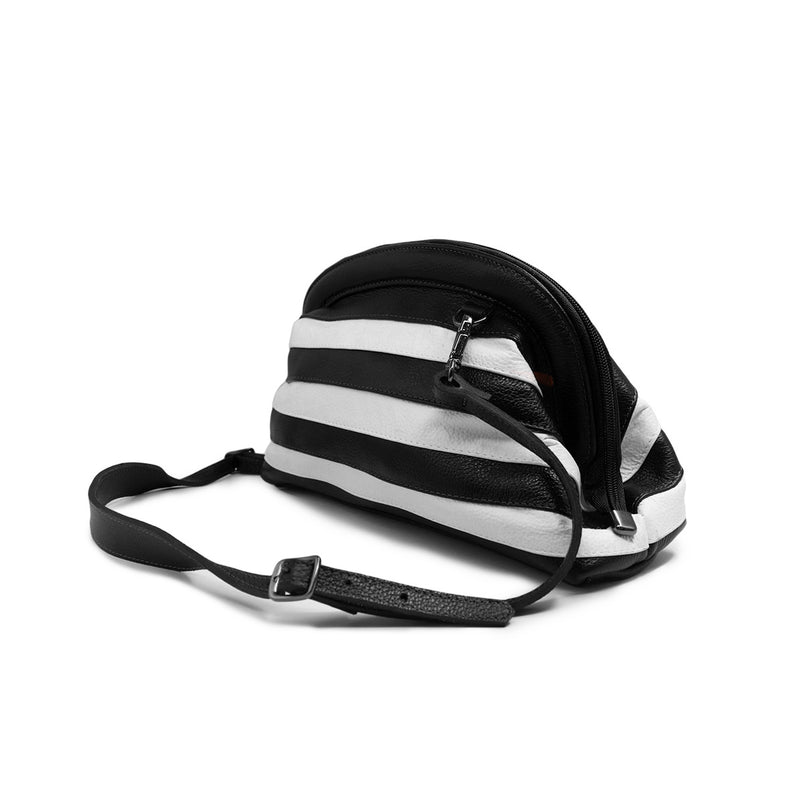 Bolsa feminina tiracolo couro listrado preto com off white Isis