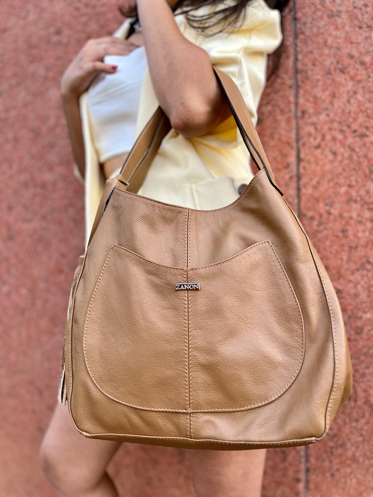 Bolsa shopping feminina de couro caramelo Jussara